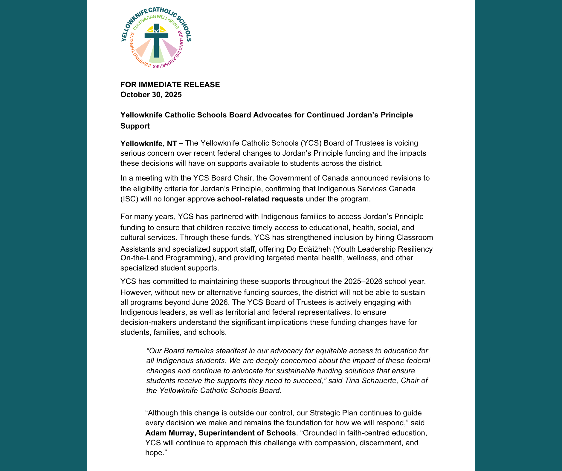 Media Release - Jordan's Principle Funding - École St. Joseph School