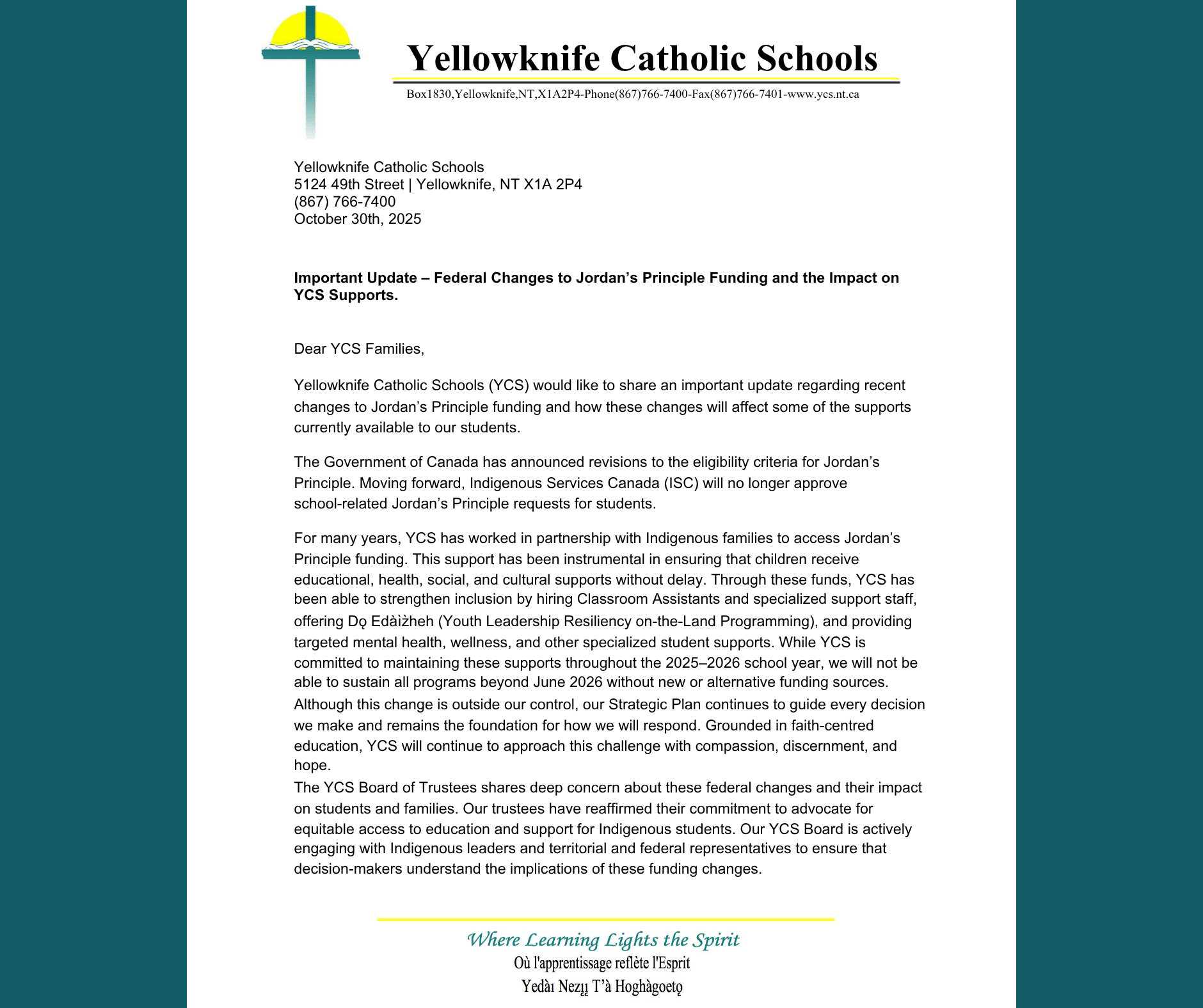Letter to Families - Jordan's Principle Funding - École St. Joseph School