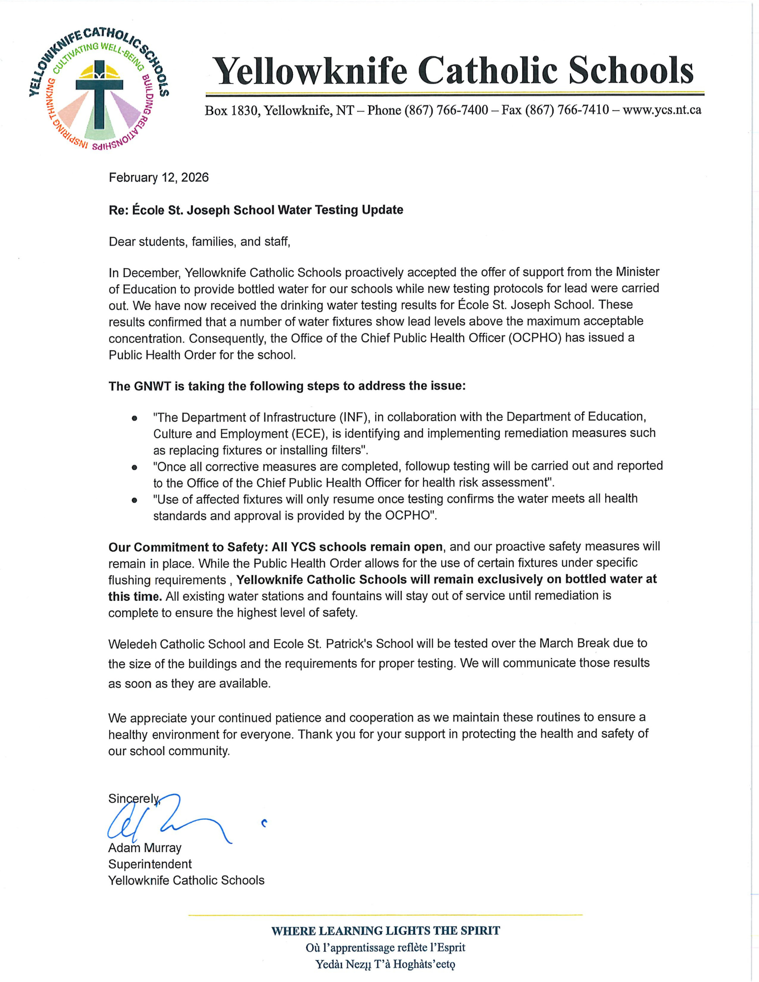 ÉSJS Water Testing Update - École St. Joseph School